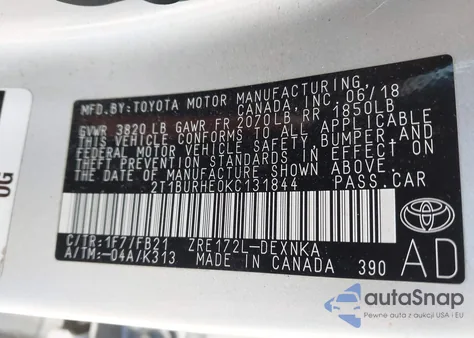 2019 Toyota Corolla Le from USA, damaged, VIN 2T1BURHE0KC131844